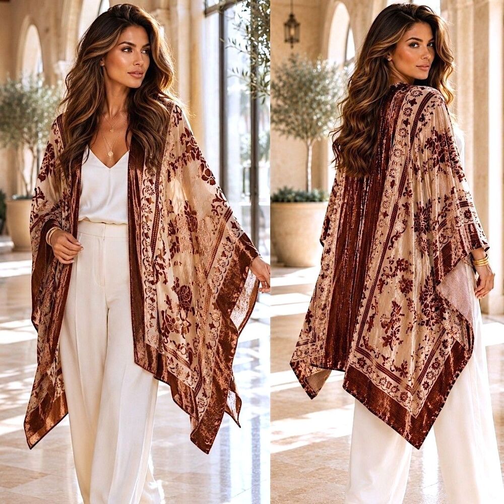 Torrid Burnout Velvet O/S Romantic Kimono Sheer Floral Boho Whimsi Duster Brown